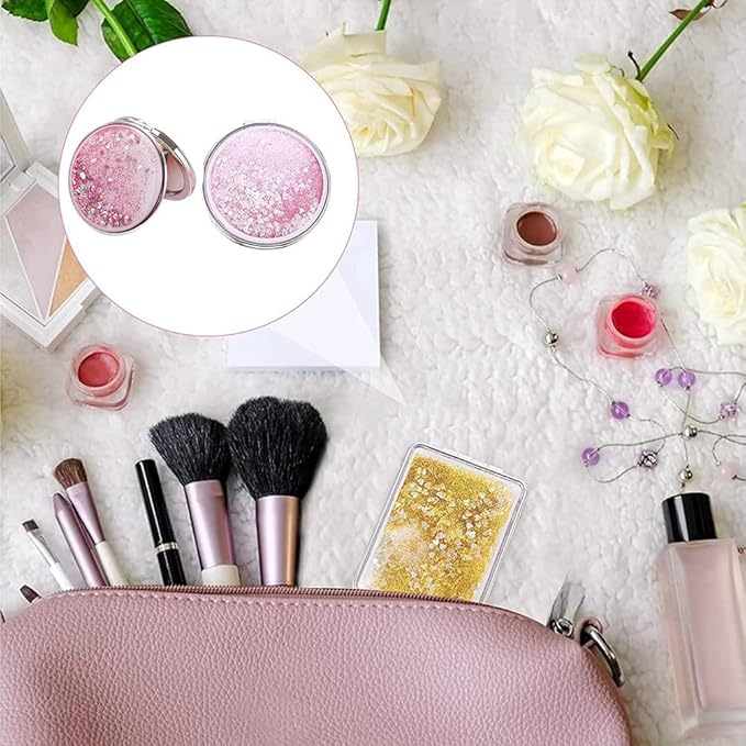 AKOAK 1 Pack Compact Mirror, Portable Quicksand Pocket Travel Makeup Mirror, Folding Hand-held Double Sided 1x/2x Magnifying Glass, Great Gift for Women and Girls (Pink)