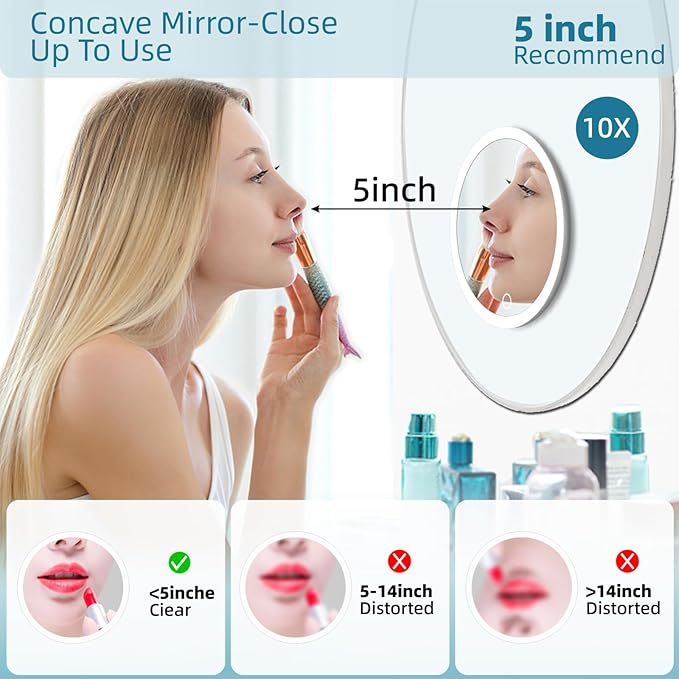10X Magnifying Mirror with Lights, 10X Magnified Mirror with 3 Color Lights Adjustable Brightness, Rechargeable 6inch Travel Magnification with 3 Suction Cups - Includes Tweezers & Scissors