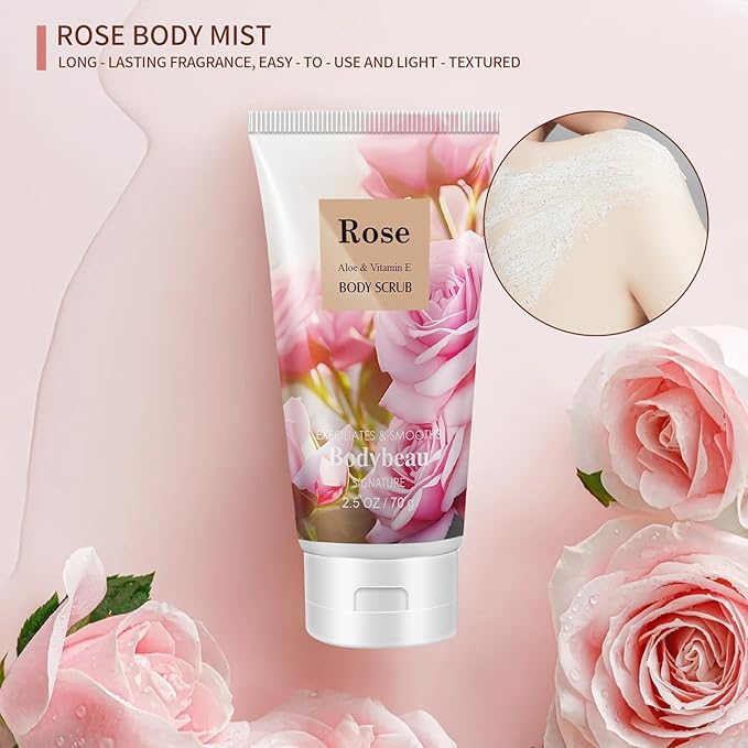Bath and Body Gift Set for Women & Girls, Rose 4PCS Set for - Shower Gel, Body Lotion, Body Mist, Exfoliating Scrub, Personal Portable Body Care Travel Set