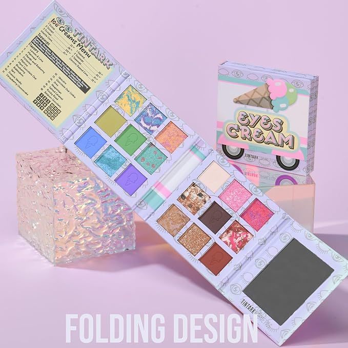 Eyes Cream Eyeshadow Palette Makeup, Blue Pink Nude Brown Glitter Shimmer Matte Eye Shadow Pallets for Cute Popular Eye Make up, 18 colors Ice Cream Original Design, Talc Free