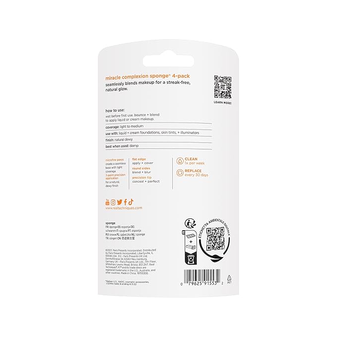 Real Techniques Miracle Complexion Sponge, Makeup Blender for Liquid and Cream Foundation, Full Coverage, Streak-Free Professional Makeup Tool, Cruelty Free, Vegan, Latex Free, 4 Count