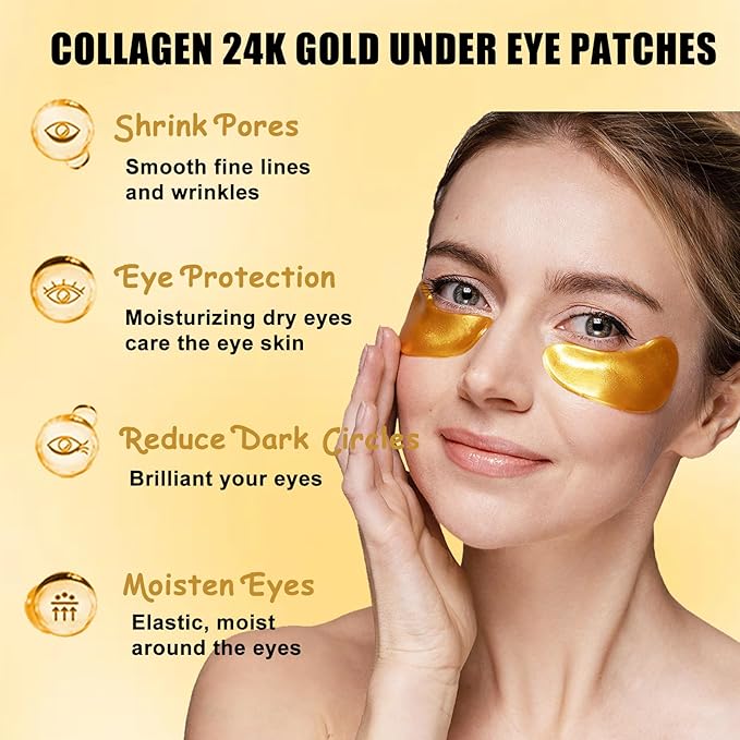 30 Pairs Lip & Eye Masks Set - 24K Gold Crystal Collagen Eye Pads, Moisturizing Lip Pads, Anti Wrinkle Patches for lip, Eye Patches for Puffy Eyes and Dark Circles, Spa Party Supplies, Self Care Items