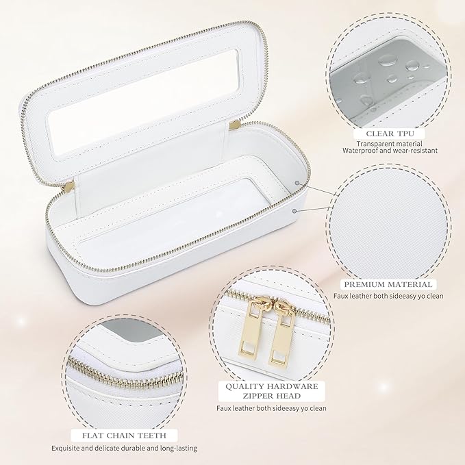 Makeup Brush Case Clear Travel Cosmetic & Toiletry Bag Small Makeup Bag with Zipper Purse Organizer Car Essential Bag for Women (White, SLIM)