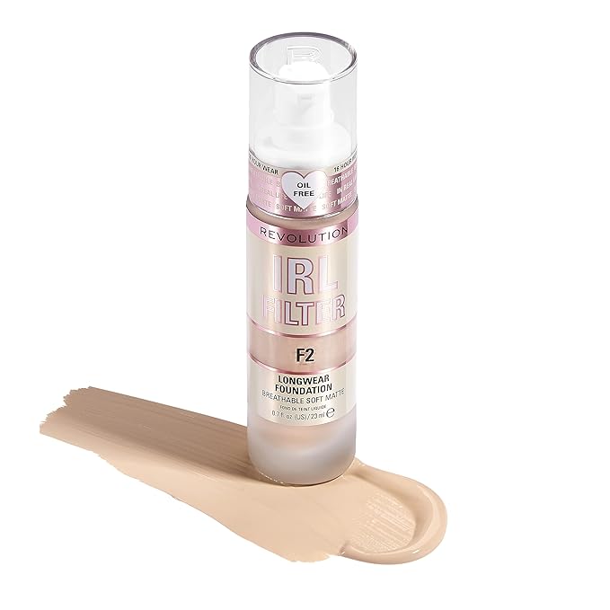 Revolution, IRL Filter Longwear Foundation, Soft & Breathable Formula, Medium to Full Coverage, Matte Finish, F2, 0.7 fl oz