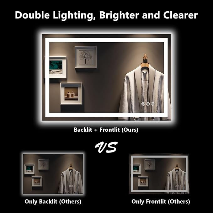 48x32 Inch LED Bathroom Mirror with Lights Front and Backlit Lighted Vanity Mirror for Bathroom Wall with 3 Colors Dimmable Anti-Fog Memory Shatter-Proof IP54 Waterproof Horizontal/Vertical