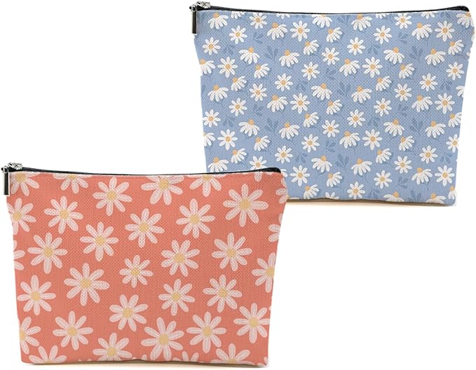 2pcs Daisy Floral Makeup Bag, Travel Essential Cosmetic Bag Garden Flower Gifts for Women Female Girls Sister BFF Nature Lover, Travel Zipper Pouch Christmas Thanksgiving Birthday Gifts
