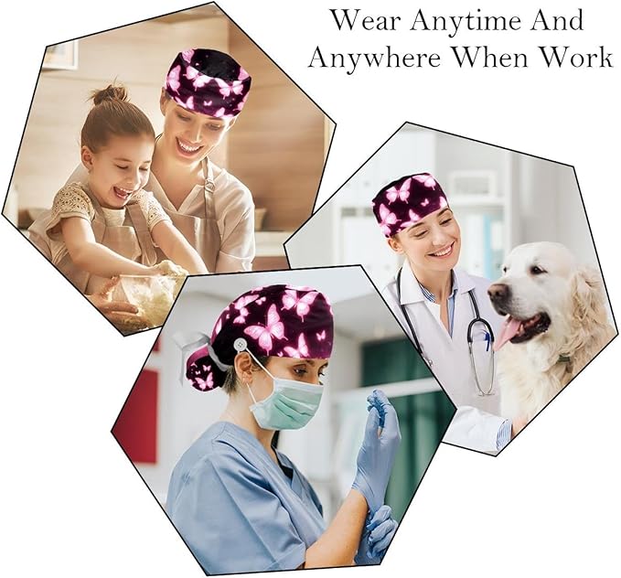 2 PCS Bouffant Cap with Button Ponytail Pouch Working Cap Sweatband Adjustable Surgical Cap Black and White Cow