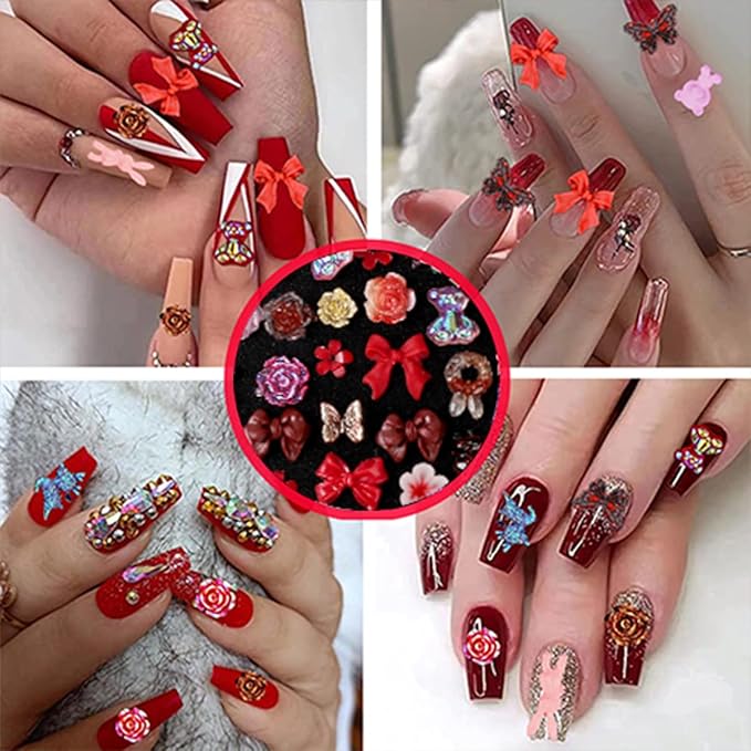 110 Pieces 3D Nail Charms for Acrylic Nails, Camellia Rose Flower Butterfly Bowknot Heart Bear Rabbit Star Charms for Nail Art Designs DIY Accessories Craft(Red+2)