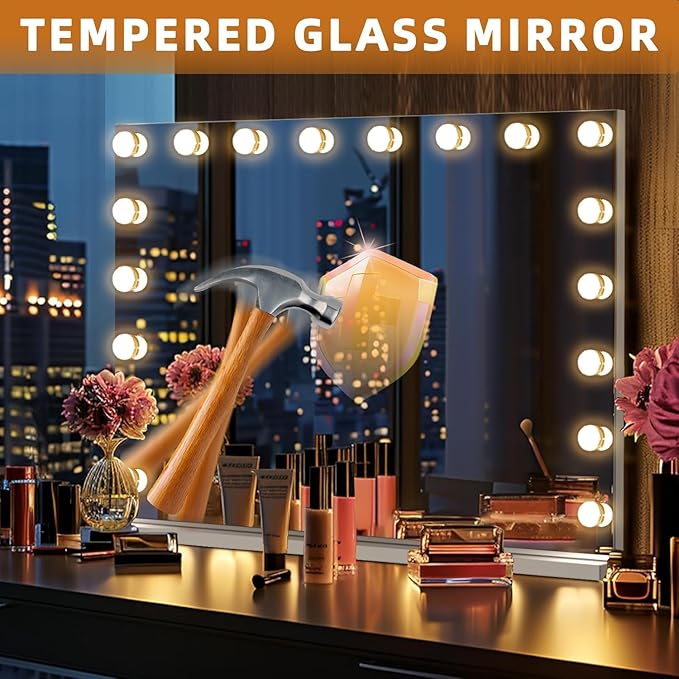 Misavanity Large Vanity Mirror with Lights Tempered Glass 31.4’’ x 23.4’’ Hollywood Lighted Makeup Mirror with 18 Dimmable Bulbs USB Charging Port 10X Magnification 3 Lighting Modes, White