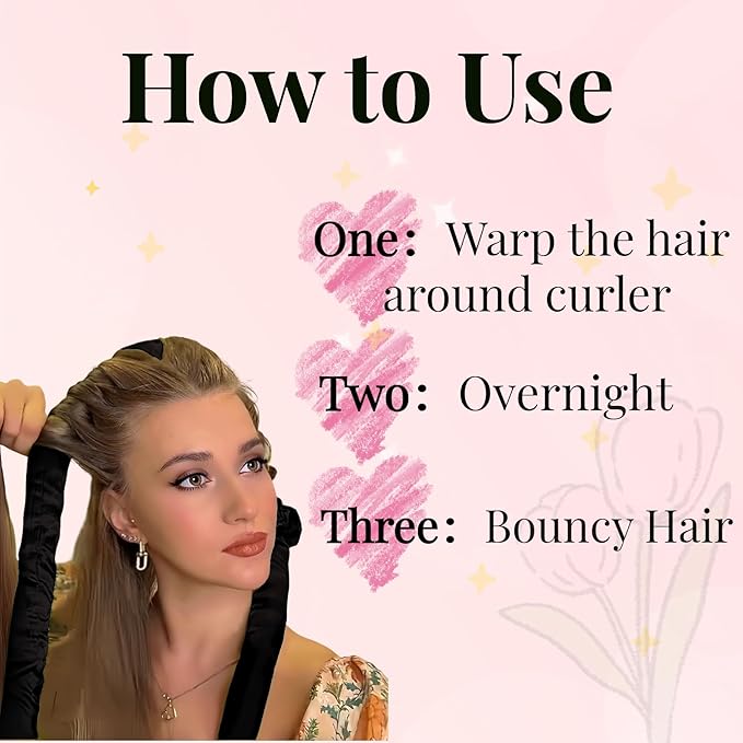 Serenade Textured Satin Heatless Curls Overnight, Heatless Hair Curler Curling Set for Women and Girls to Sleep in, with 2 Satin Scrunchies and 1 Clip for Overnight Curls, Black