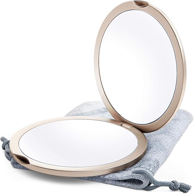 Magnifying Compact Mirror for Purses, 1x/10x Magnification – Double Sided Travel Makeup Mirror, 4 Inch Small Pocket or Purse Mirror. Distortion Free Folding Portable Compact Mirrors (Champagne Gold)