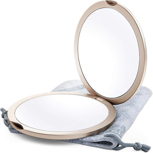 Magnifying Compact Mirror for Purses, 1x/10x Magnification – Double Sided Travel Makeup Mirror, 4 Inch Small Pocket or Purse Mirror. Distortion Free Folding Portable Compact Mirrors (Champagne Gold)