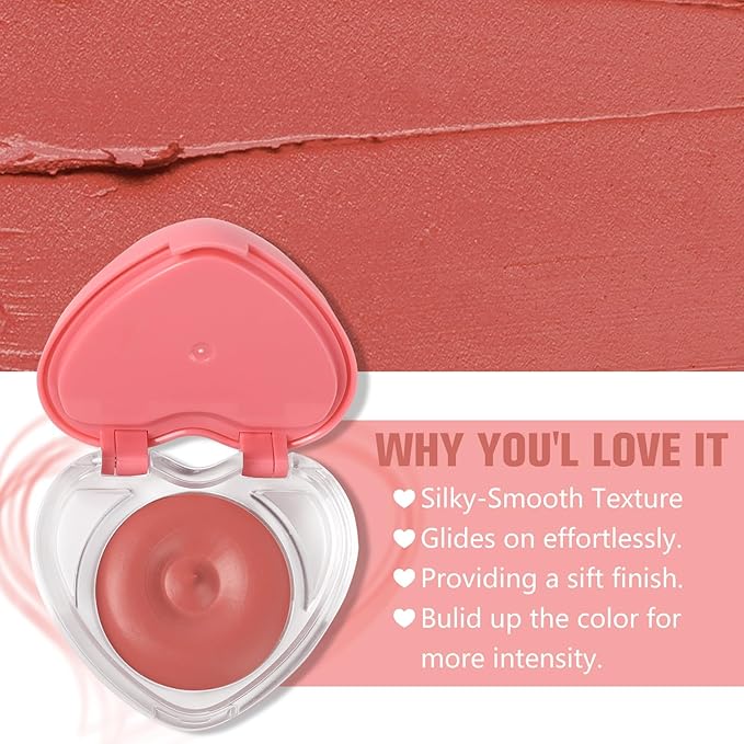 Heart-Shaped Cream Blush for Cheeks & Lips – 2-in-1 Tinted Lip and Cheek Balm Kit with Mini Brush – Blendable Dewy Blusher Makeup for Women, Portable Compact for Travel & On-the-Go Touch Ups 02