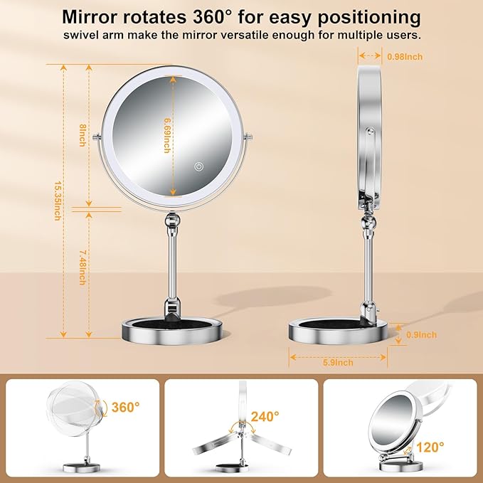 Makeup Mirror with Lights[Brightness Enhanced Version], Real 2000mah Rechargeable Double Sided 10x Magnifying Mirror with 3 Colors Table Vanity Mirror with Adjustable Height and Stand,Chrome