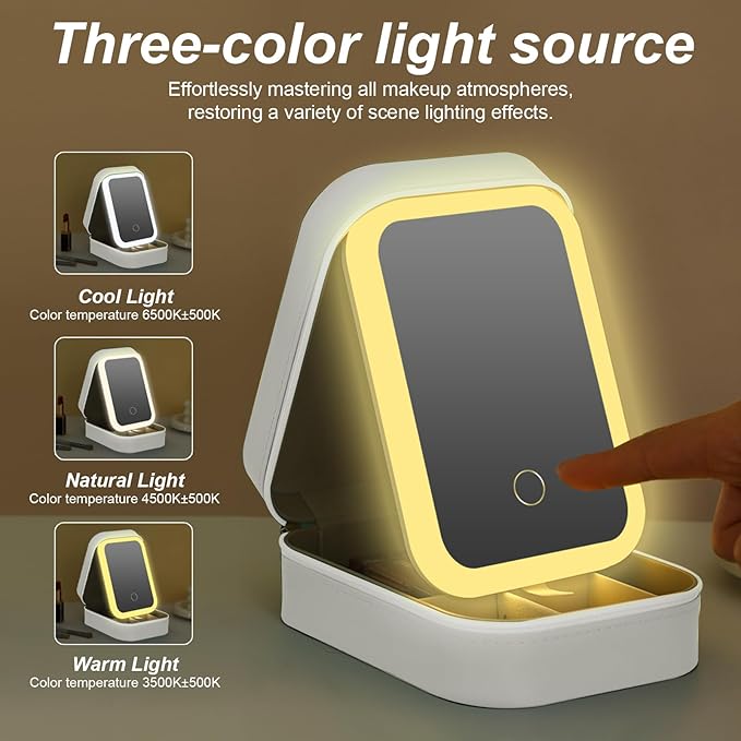 Small Travel LED Makeup Mirror Case with 3 Adjustable Color Light Settings, Dust-Proof Jewelry Box, Mini Cosmetic Train Case Ideal for Short Trips (White)