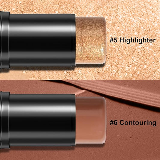 2Pcs Cream Contour Stick Makeup Kit, Cream Highlighter Stick and Bronzer Contour Stick with Longwear Waterproof Formula for Brightening and Trimming the Cheeks, Makeup Brush Include (#05, 06)
