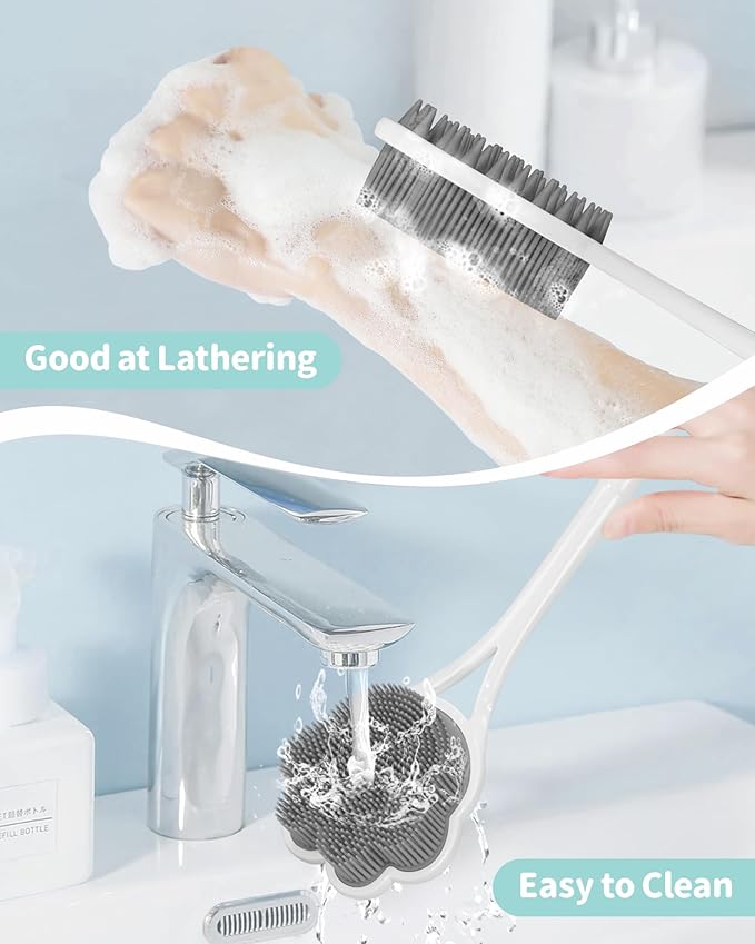 Manmihealth 15.7" Cute Silicone Back Scrubber with Long-Handle, Dual Use Back Brush for Shower with Super-Soft Silicone Bristles, Paw-Shaped Shower Body Scrubber for Sensitive Skin (Gray)