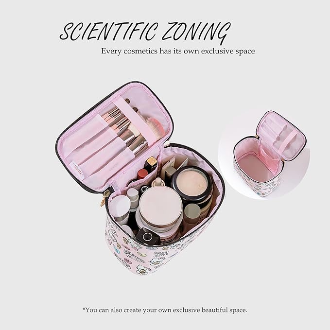 AmBealla Cosmetic Bag Large Makeup Bag Pink Makeup Travel Case with Brush Holder, Canvas Organizer for Women, Toiletry Bag for Skincare & Beauty Tools Sweet Cute for Girls