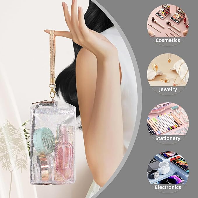 Clear Colorful Makeup Bag, Thick PVC Small Clear Toiletry Bag for Travel, Waterproof Cosmetic Bag with Durable Zipper & Detachable Strap, Cute Transparent Pouch Organizer for Women, 7.1×4×3 Inch Gray