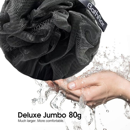 Shower Loofah Sponge Exfoliating Body Scrubber 80g, Charcoal Loofa for Women & Men Bath Wash: 1 Long Handle Back Brush Plus 4 Packs Extra Large 80g Soft Mesh Luffa Poufs, 1 Lufa Hook (Gray)