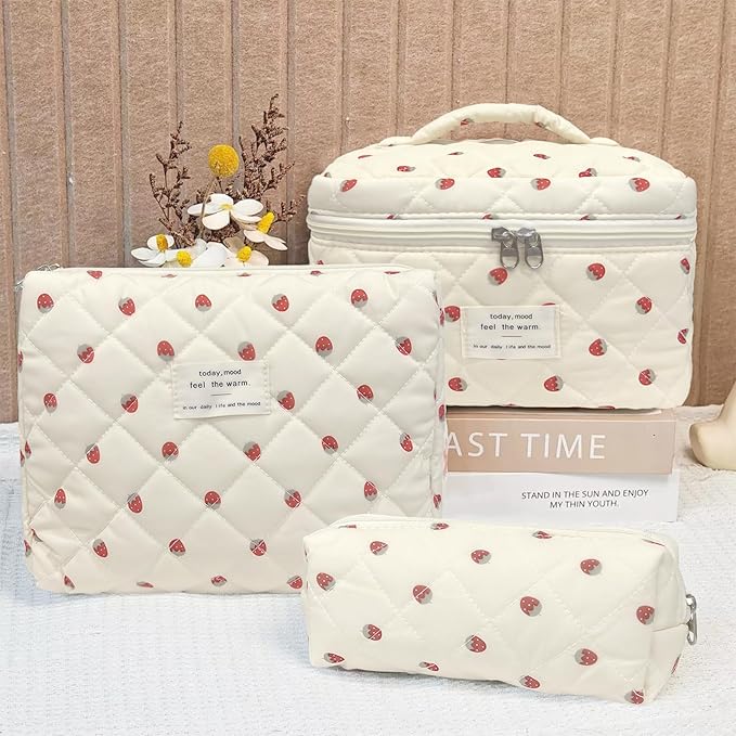 3 Piece Strawberry Quilted Makeup Bag, Large Capacity Travel Cosmetic Bag for Women and Girls, Aesthetic Storage for Daily and Travel Use (3pcs-Strawberry)