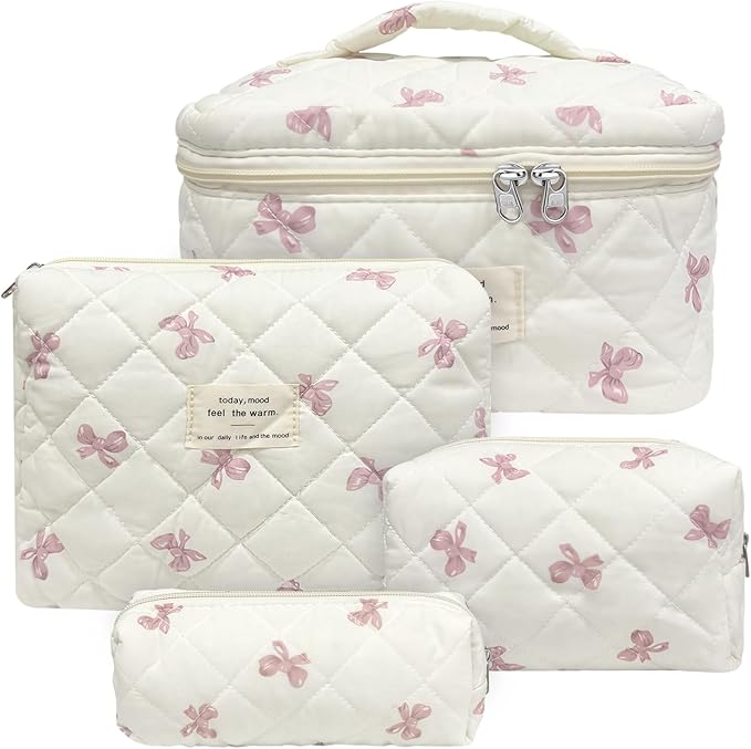 4 Piece Cute Pink Bow Quilted Makeup Bag Set, Large Capacity Travel Makeup Bags for Women and Girls, Includes Small, Small-Medium，Medium, and Large aesthetic makeup&Cosmetic Bags (4PCS-Pink Bow)