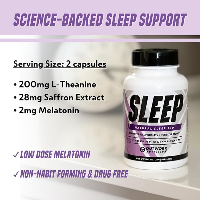 Outwork Nutrition Sleep, Natural Sleep Aid with Melatonin, L-Theanine & Saffron Extract, Improves Sleeping Quality & Time, Boosts Positive Mood, 60 Veggie Capsules