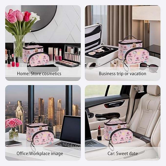 AmBealla Cosmetic Bag Large Makeup Bags Pink Travel Case with Makeup Brush Holder，2PCS Cosmetic Organizer for Women, Toiletry Storage Bag for Skincare & Beauty Tools Sweet Cute for Girls