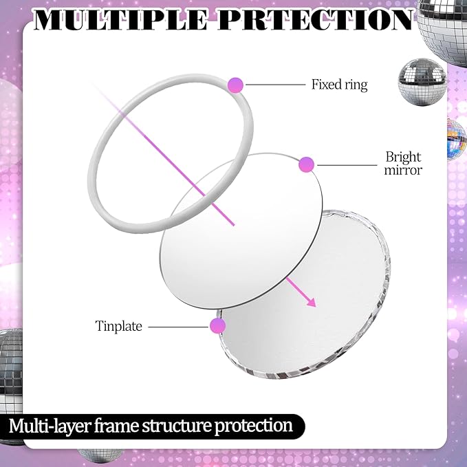 24 Pcs Disco Ball Compact Mirror Bulk 2.7 Inch Vintage Round Pocket Mirrors for Purse Makeup Mini Mirror for Women Disco Party Supply Travel Daily (Silver)