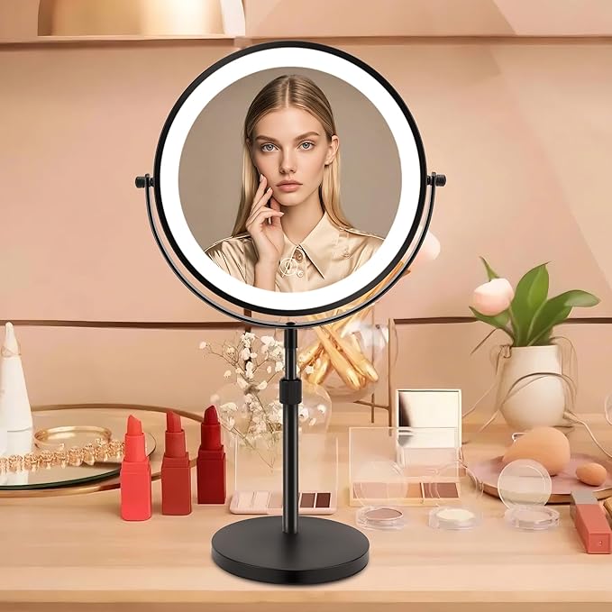 8.7" Large Lighted Makeup Mirror, 1X/10X Magnifying Mirror with 3 Color Dimmable Lights, Double Sided Vanity Mirror, Height Adjustable, 360° Swivel Cosmetic Mirror for Women Girl(Black)