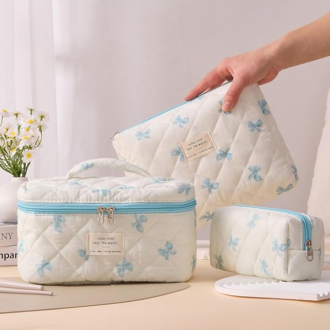 3 Piece Cute Blue Bow Quilted Makeup Bag Set, Large Capacity Travel Makeup Bags for Women and Girls, Includes Small, Medium, and Extra Large aesthetic makeup&Cosmetic Bags (3PCS-Blue Bow)