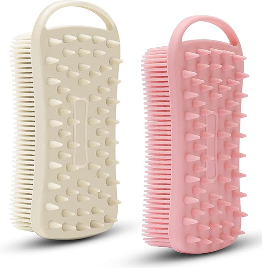 2 PC Silicone Exfoliating Body Scrubber, 2 in 1 Silicone Body Shampoo Brush, Soft Silicone Loofah for Sensitive Skin, Shower Silicone Hair Scalp Massager, Easy to Clean, Lather Well (Pink&Gray)