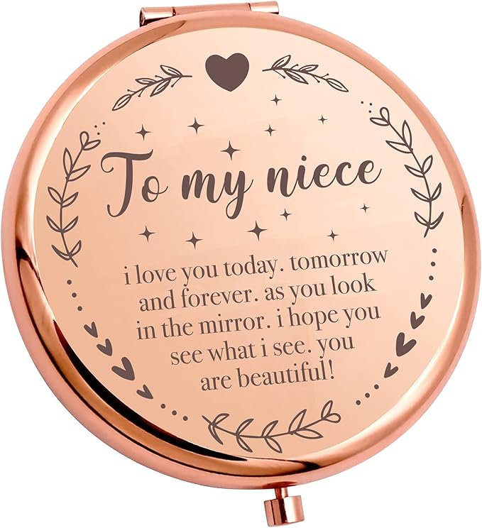 Ming Heng Niece Gift Rose Gold Travel Compact Makeup Mirror,Niece Gift from Aunt and Uncle, Graduation Gifts for Her, Niece Birthday Gift Ideas, Niece Christmas from Auntie Uncle