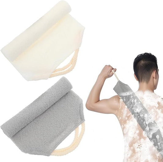 Stretchable Back Scrubber with Handles, 2PCS Nylon Exfoliating Shower Body Scrub Towel Body Scrub Towel Extended Length Back Washers Scrubbers for Body Cleans Skin Massages(White + Gray Nylon)