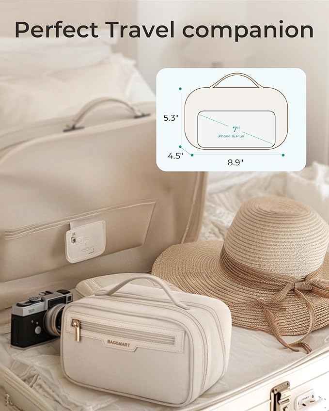 BAGSMART Travel Makeup Bag, Make Up Bag with Multiple Compartments for Organizer, Durable & Compact Cosmetic Organizer for Women for Travel Accessories (Beige)