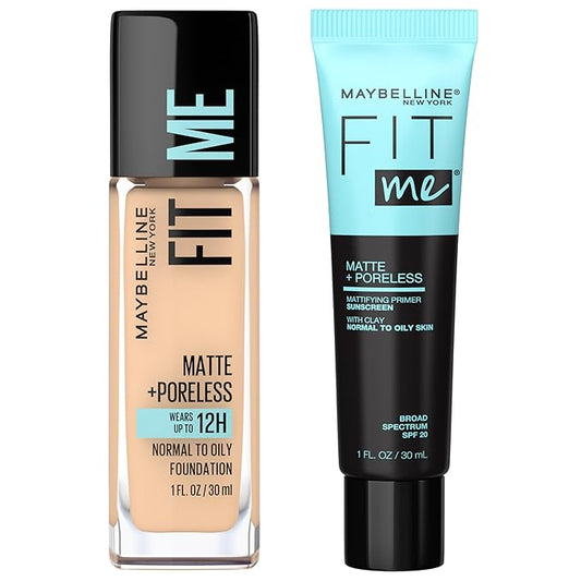 Maybelline Fit Me Matte + Poreless Liquid Foundation + Fit Me Mattifying Primer Makeup Bundle, Includes 1 Foundation in Classic Ivory and 1 Primer