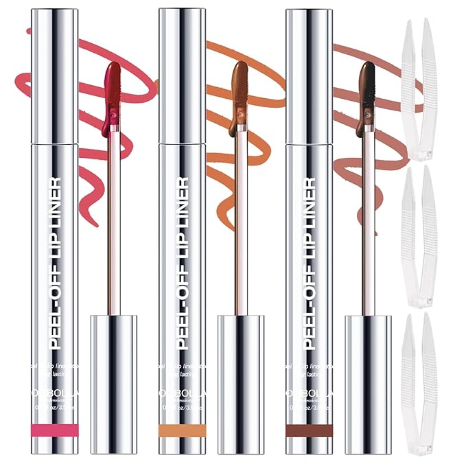 3 Colors Peel Off Lip Liner Stain with Tweezer, Long Lasting Waterproof Lip Tint Stains Makeup Set with Matte Finish for Women, Natural Look, Easy to Use, for All Skin Types (015)