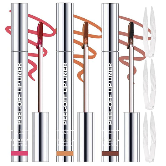 3 Colors Peel Off Lip Liner Stain with Tweezer, Long Lasting Waterproof Lip Tint Stains Makeup Set with Matte Finish for Women, Natural Look, Easy to Use, for All Skin Types (015)