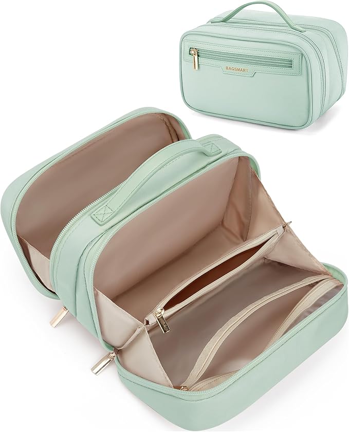 BAGSMART Travel Makeup Bag, Make Up Bag with Multiple Compartments for Organizer, Durable & Compact Cosmetic Organizer for Women for Travel Accessories (Green)