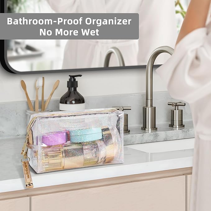 Clear Colorful Makeup Bag, Thick PVC Small Clear Toiletry Bag for Travel, Waterproof Cosmetic Bag with Durable Zipper & Detachable Strap, Cute Transparent Pouch Organizer for Women, 7.1×4×3 Inch Gray