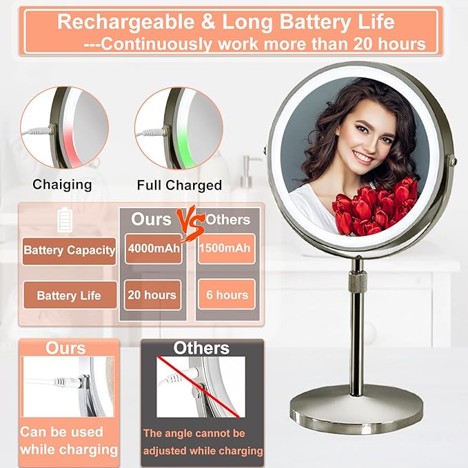 10x Makeup Mirror with Lights, 4000mAh Height Adjustable Lighted Makeup Mirror, Magnifying Mirror with LED Lights,Cosmetic Vanity, Light Up Mirror, Nickel