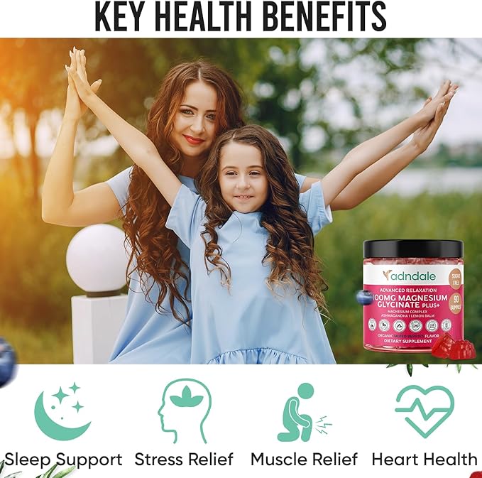 Adndale 180 CT Magnesium Glycinate Gummies 400 mg/Serv, with Ashwagandha, Magnesium Malate & Taurate, Sugar Free Chews for Adults & Kids Relaxation, Stress Relief, Night Rest, Muscle & Cardio Support