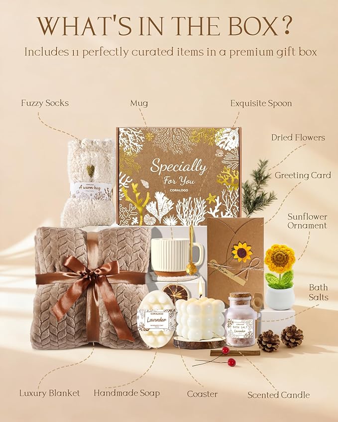 Coralogo Spa Gift Baskets for Women - Get Well Soon, Self Care, Relaxing Sunflower Gift Basket, 11pcs Spa Sets for Women, Luxury Gifts for Birthday Christmas Valentines Day Mothers Day