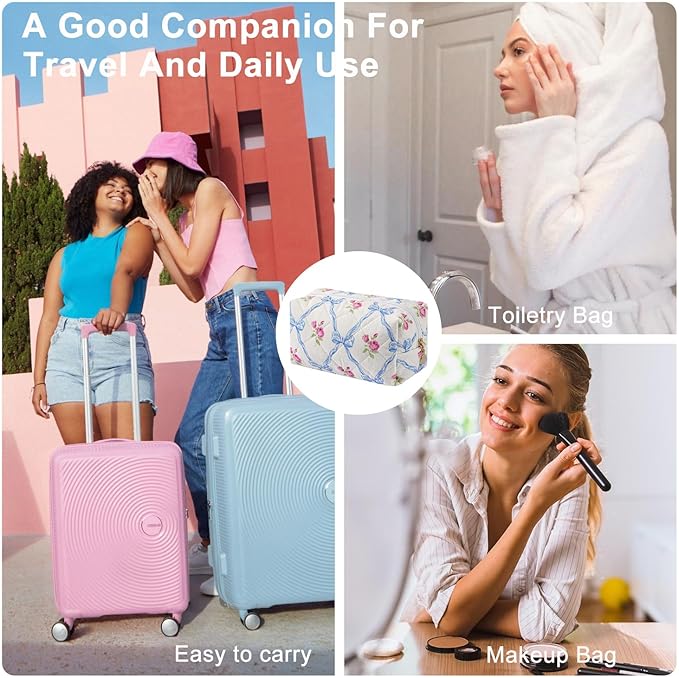 Gleyemor Small Quilted Makeup Bag for Women, Cute Floral Bow Cosmetic Bag, Emergency Bag Travel Toiletry Cotton Pouch Gifts for Girls Her Mom Friend Sister Bridesmaid (Blue Bowknot&Rose)