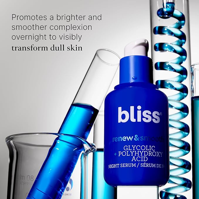 Bliss Renew & Smooth Glycolic Acid Night Serum | 8.5% AHA + PHA Complex for Texture, Glow & Radiance | Gentle Daily Exfoliating Treatment for Smoother, Brighter Skin | Vegan & Cruelty-Free | 1 fl oz
