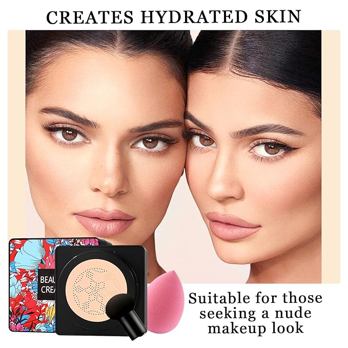 3PCS Mushroom Head Air Cushion CC Cream Foundation,Moisturizing BB Cream Foundation Makeup,Waterproof Full Coverage Foundation,Moisture Cushion CC Cream Concealer with 3 Makeup Sponges(Natural)