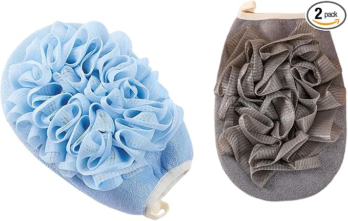 2 Pcs Bath Shower Pouf Sponge Loofah Sponge Shower Loofah 2 in 1 Exfoliating Mesh Pouf Sponge Loofah Bath Glove with Elastic Hand Strap for Women Men Kid Bathroom