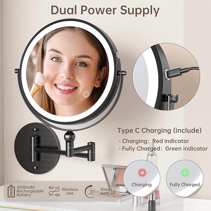 9" Wall Mounted Makeup Mirror with Lights, 4000mAh Rechargeable 1X/10X Wall Mounted Magnifying Mirror for Bathroom, 3 Color Lighting,Touch Screen Dimming,Extended Arm 360 Rotation Wall Mount Mirror B