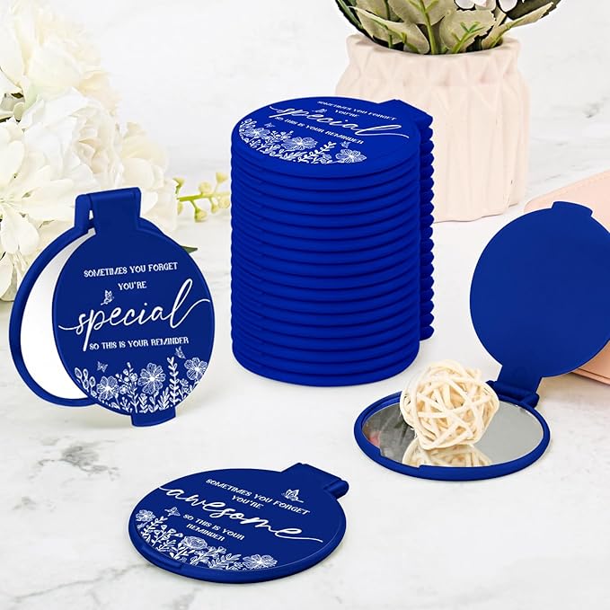 100 Pcs Inspirational Compact Mirror Bulk Small Pocket Mirror Purse Round Portable Folding Makeup Mirror Mini Compact Mirror Gifts for Women Coworker Employee Teacher(Blue)