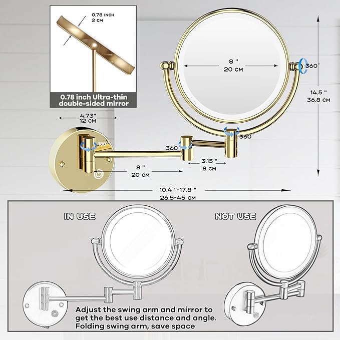 8 Inch Bathroom Makeup Mirror Wall Mount Mirror Swing Arm, Double Sided 1X/5X Hardwired Lighted Magnifying Mirror Wall Mounted, Luxury Brass PVD Zirconium Gold